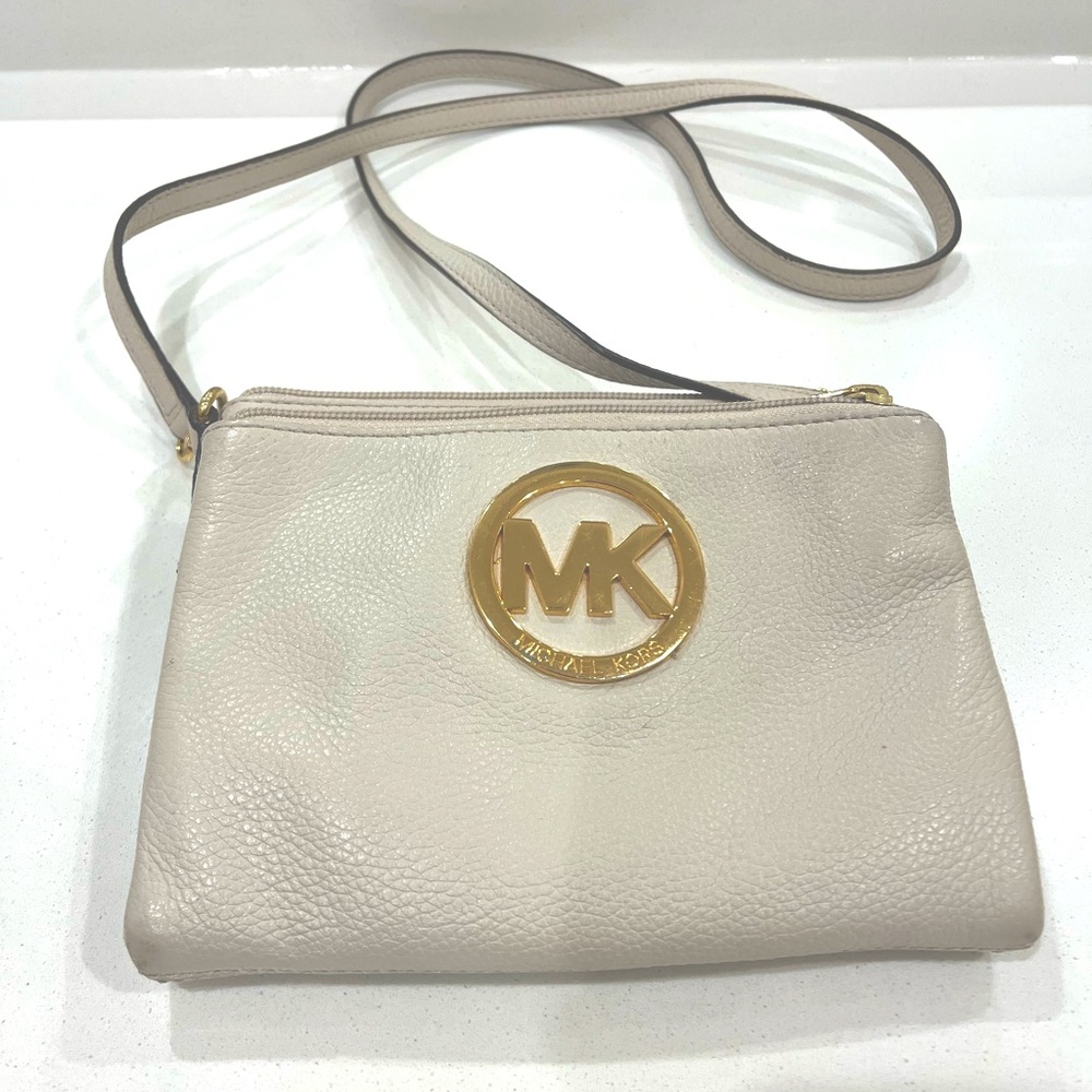 Michael Kors Cream Leather Crossbody with Gold MK Medallion